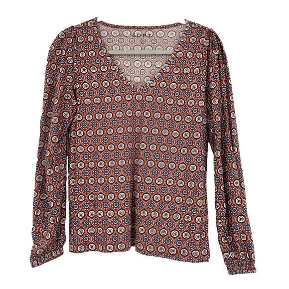 NEW LOFT Medallion Pleated V Neck Long Balloon Sleeve Tee Shirt Orange Size S - Picture 2 of 11